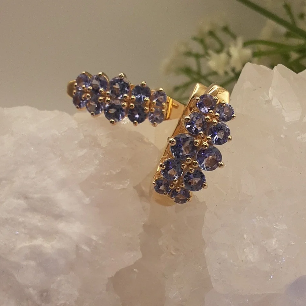 Yellow Gold Over 925, Genuine Tanzanite Hoop Earrings. - Picture 3 of 5
